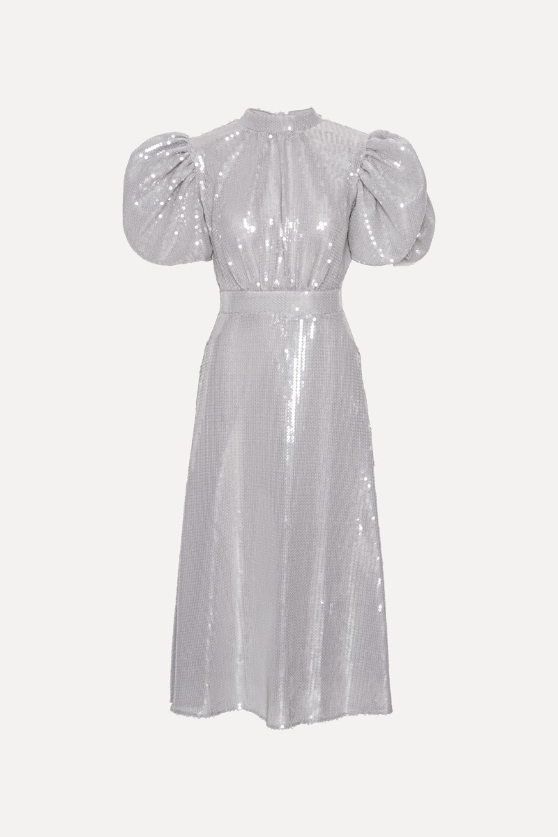 関税込【Rotate】Sequined puff-sleeve midi dress Puff-sleeve sequined midi dress in silver - Rotate | Mytheresa