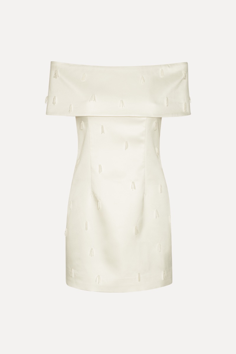 Beaded Satin Mini Dress Creme White - ROTATE Birger Christensen