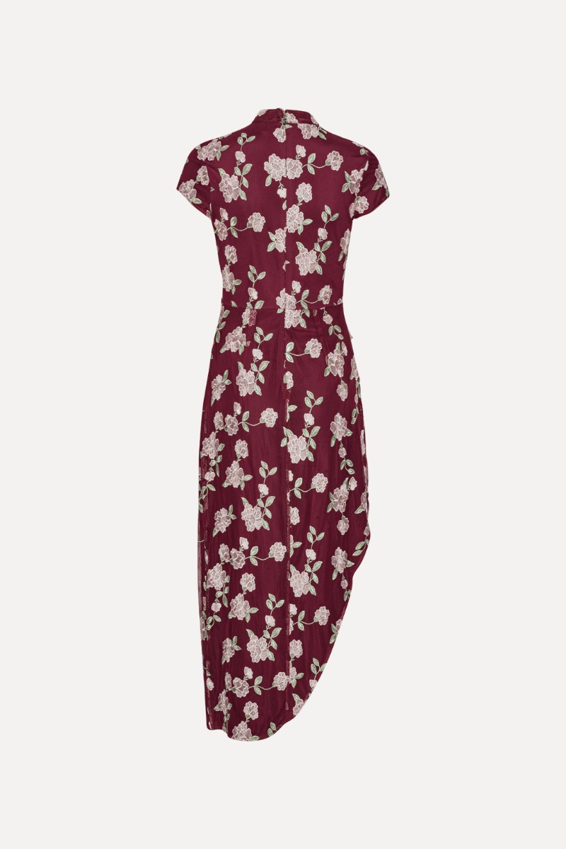 Mesh Asymmetric Dress Bordeaux Flower Print - ROTATE Birger Mesh Asymmetric Dress Bordeaux Flower Print - ROTATE Birger