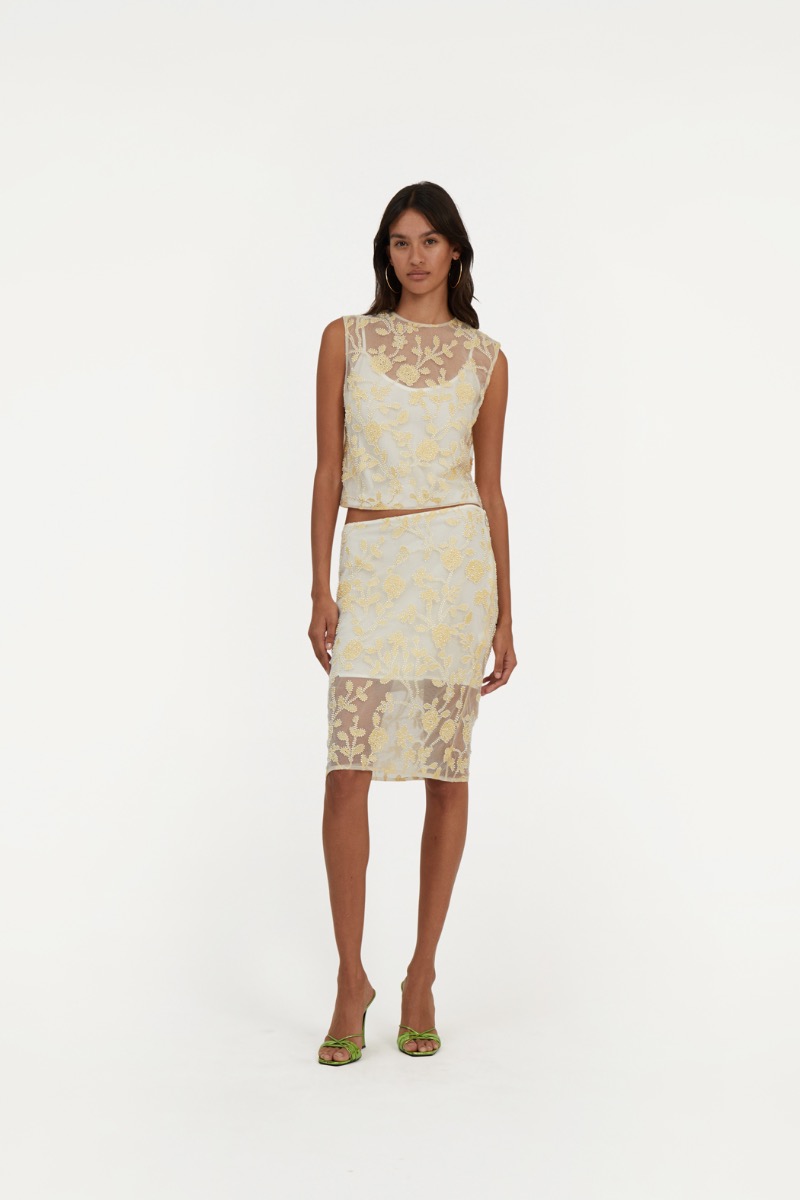 Flower Beads Pencil Skirt Yellow Print - ROTATE Birger
