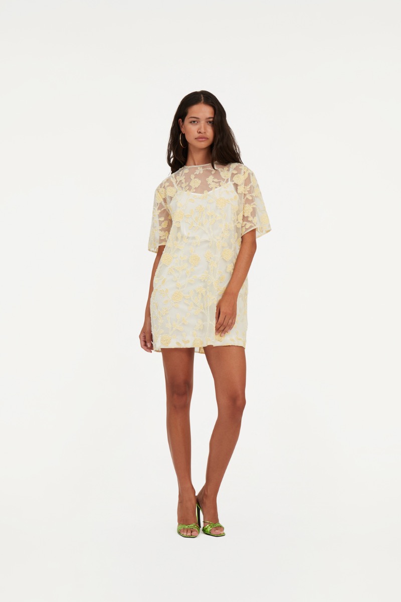 Flower Beads Boxy Dress Yellow Print - ROTATE Birger Christensen