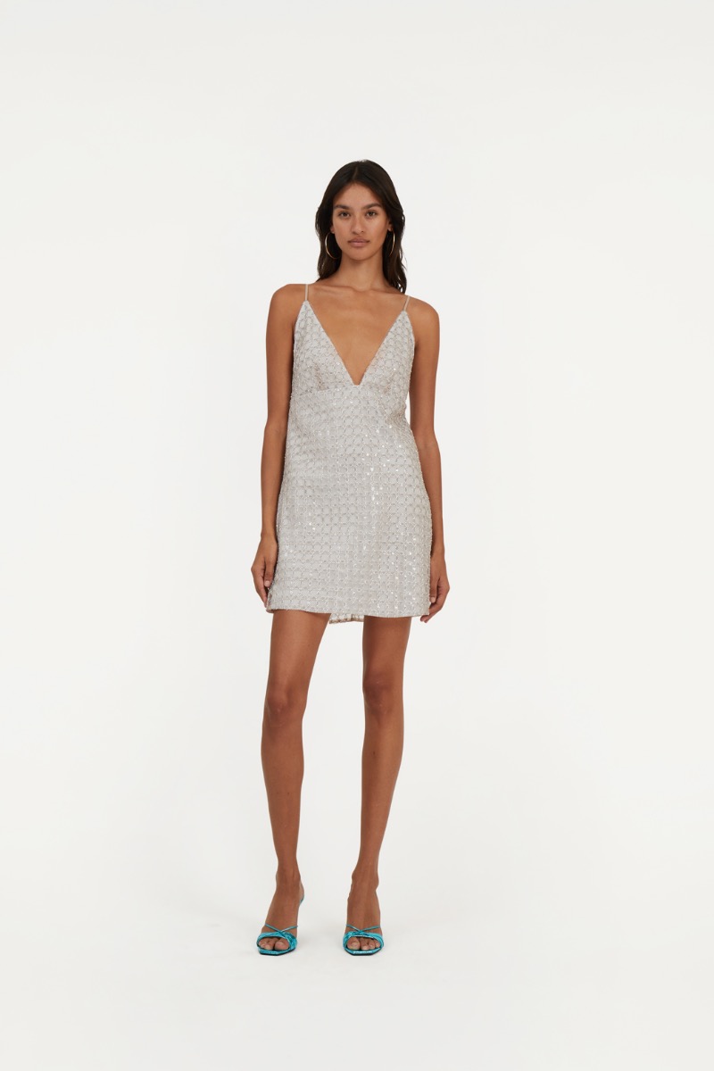 Beaded A-line Mini Dress Beige - ROTATE Birger Christensen