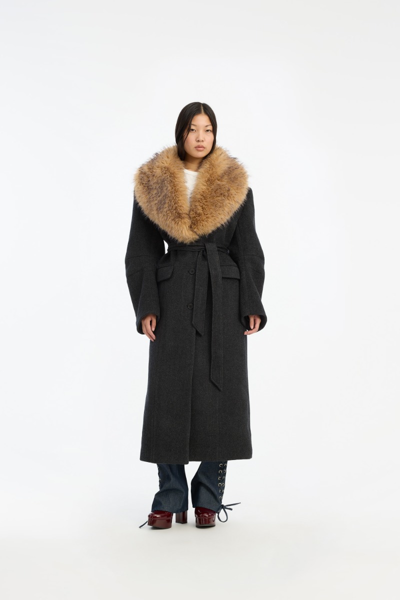 Faux Fur Collar Long Coat Dark Grey - ROTATE Birger Christensen