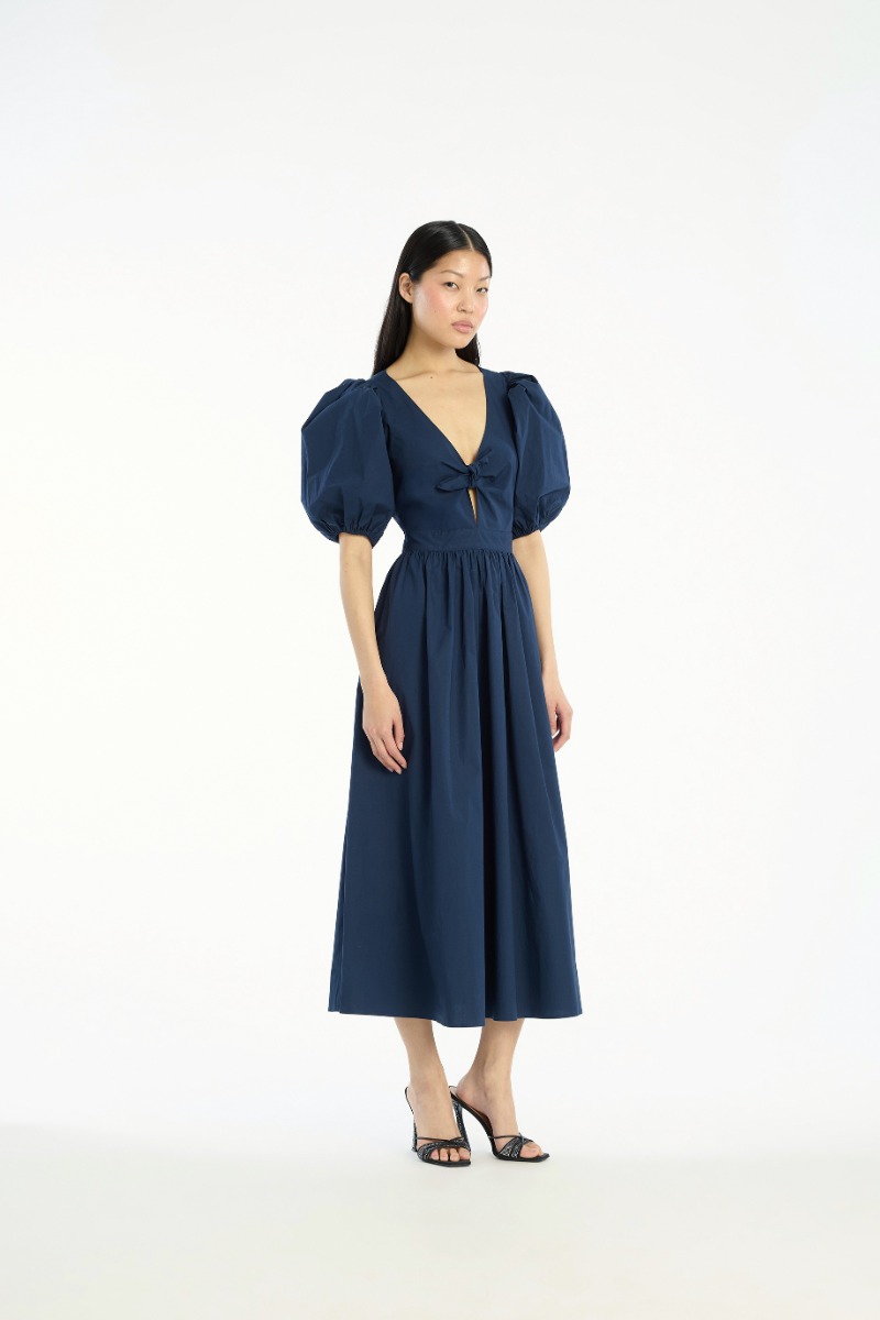 Puff Sleeve Midi Dress Dark Blue - ROTATE Birger Christensen