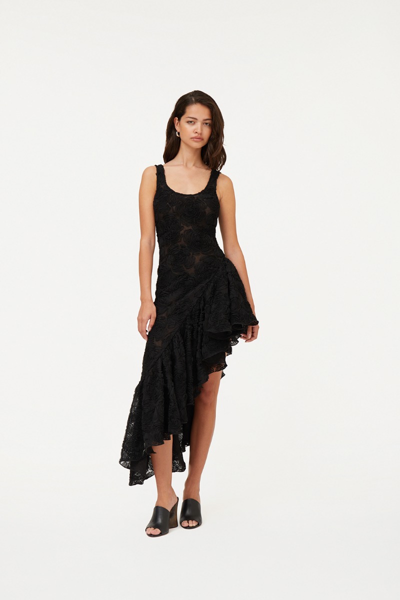 ワンピース Rotate Birger Christensen Black Midi Dress With Mesh Insert Mesh Midi V-neck Dress Black - ROTATE Birger Christensen