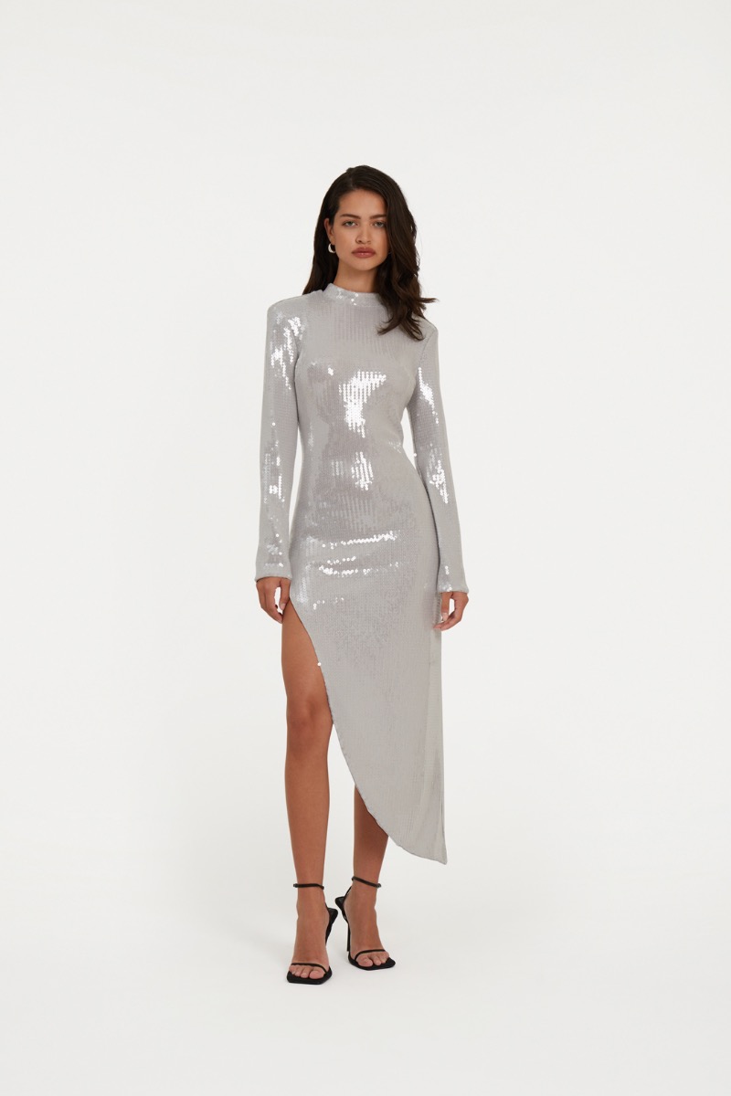 ワンピース ROTATE Woman Dress Grey 113871 039 Sequin Midi Puff Dress Light Grey - ROTATE Birger Christensen