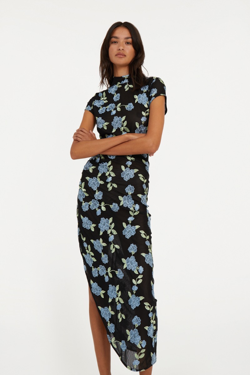 Mesh Asymmetric Dress Black Print - ROTATE Birger Christensen