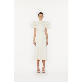 Satin Puff Midi Dress White