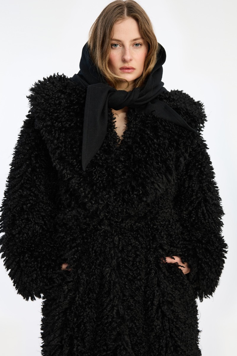 Faux Fur Belted Coat Black