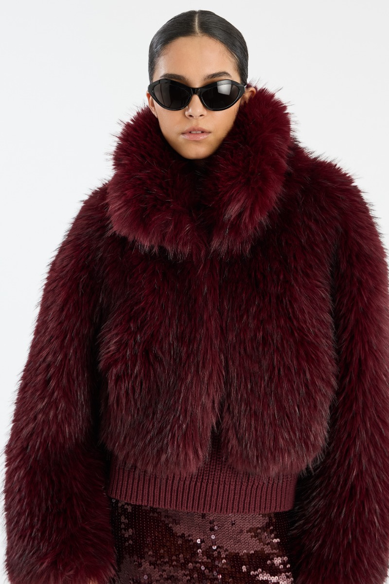 Fur Collar Burgundy Faux Teddy Fur Bomber Jacket Faux Fur Crop