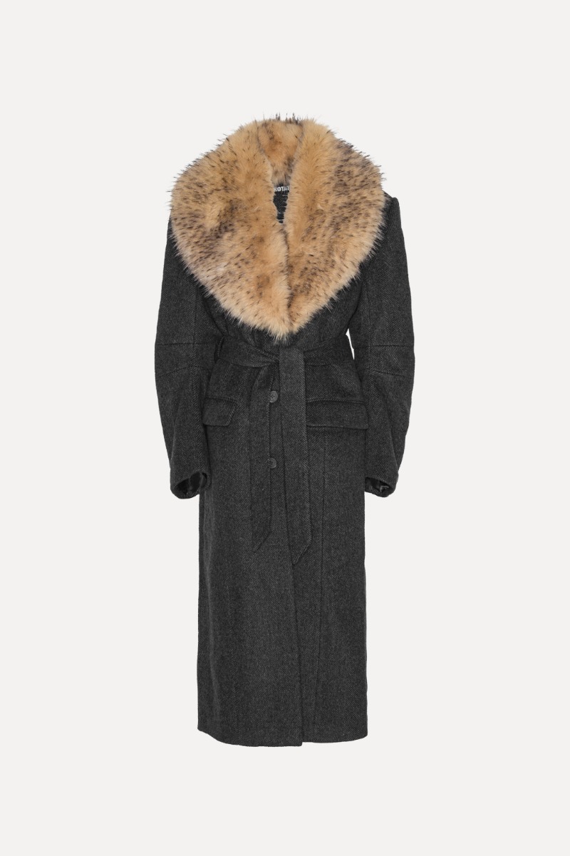 Faux Fur Collar Long Coat Dark Grey - ROTATE Birger Christensen