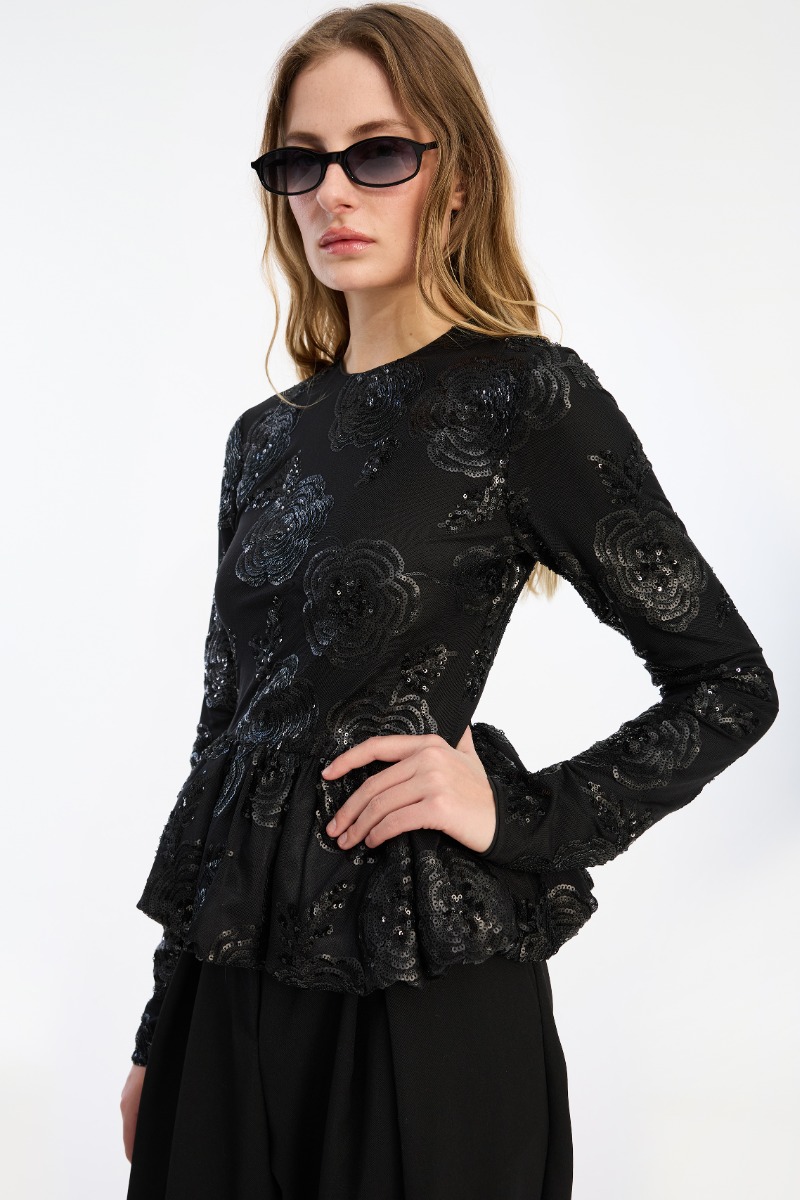 Sequins Ls Bubble Top Black - ROTATE Birger Christensen