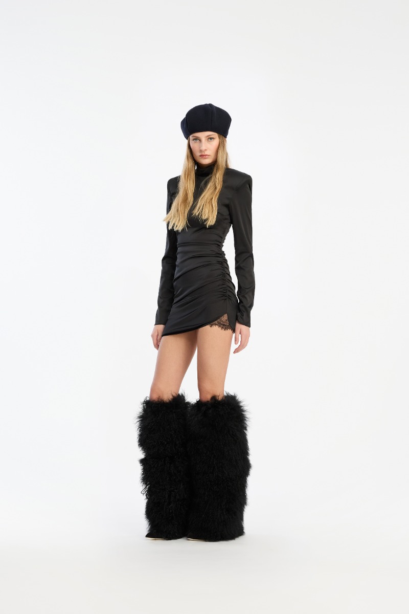 Satin Ruched Mini Dress Black - ROTATE Birger Christensen