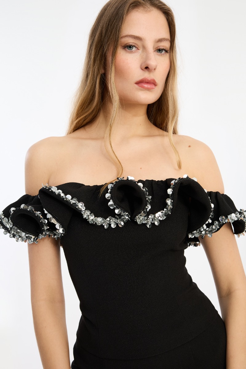 Crepe Ruffle Top Black - ROTATE Birger Christensen