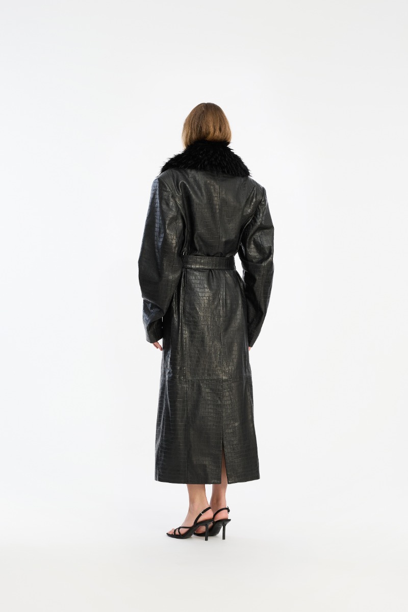 Leather Coat Faux Fur Collar Black - ROTATE Birger Christensen