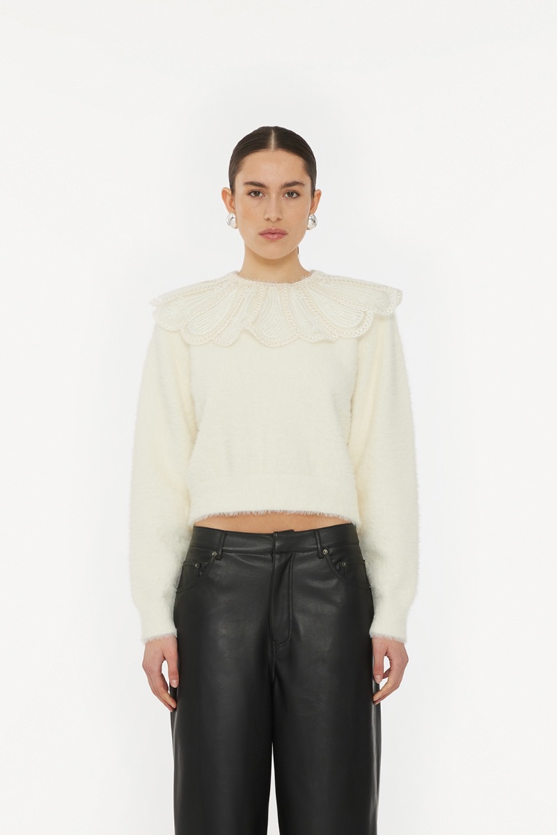 Lace Collar Knit Cardigan Creme - ROTATE Birger Christensen