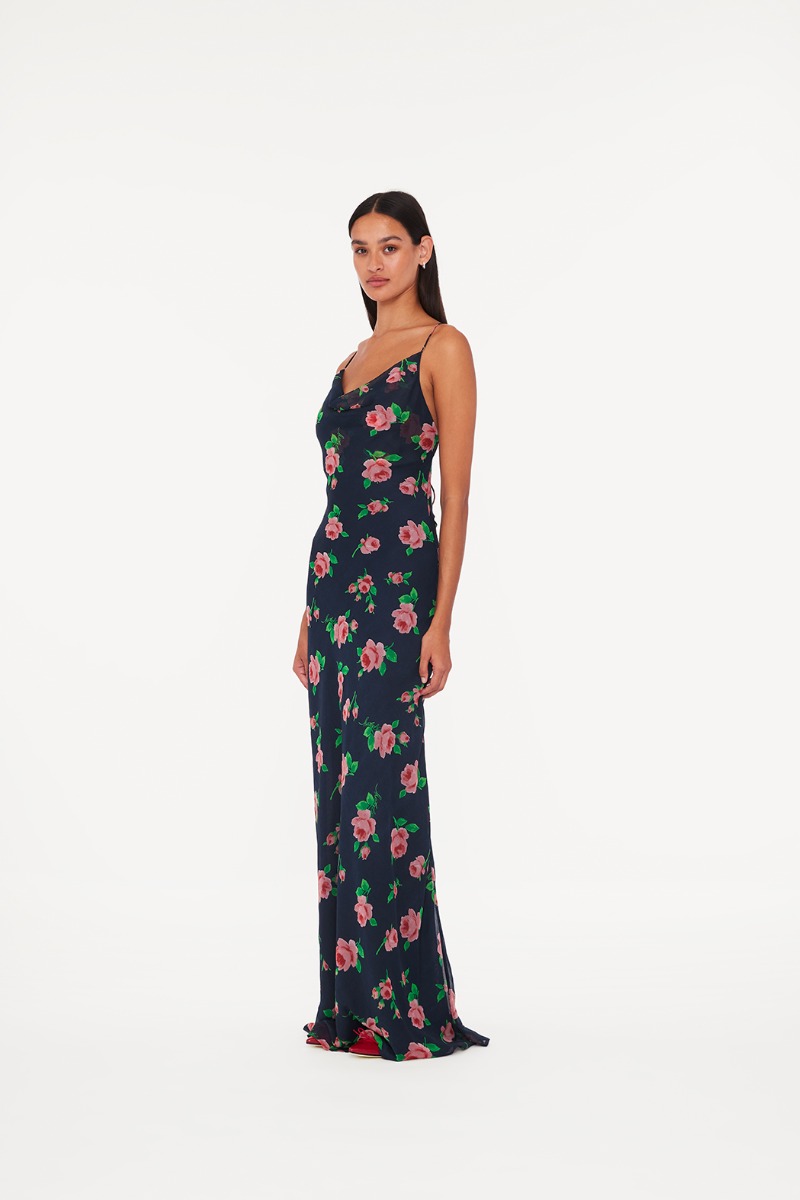 Chiffon Maxi Slip Dress Navy Flower Print ROTATE Birger Christensen