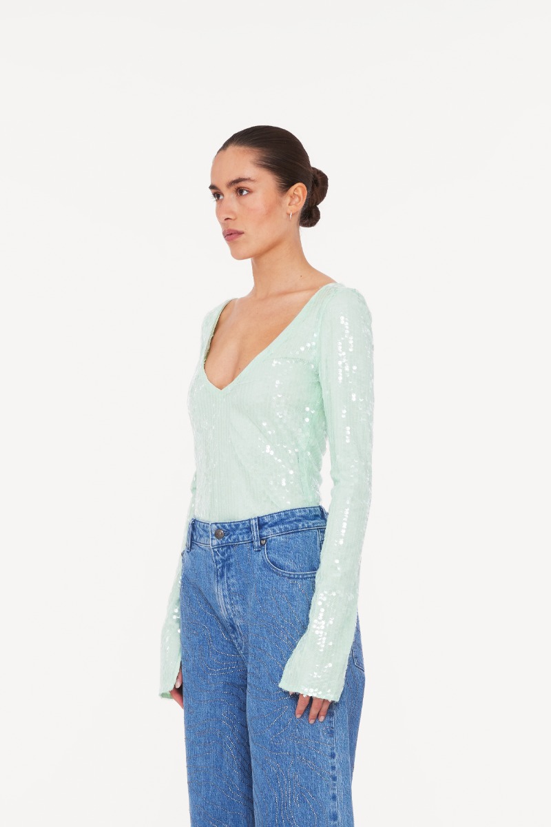 Sequins V neck Top Mint Green ROTATE Birger Christensen