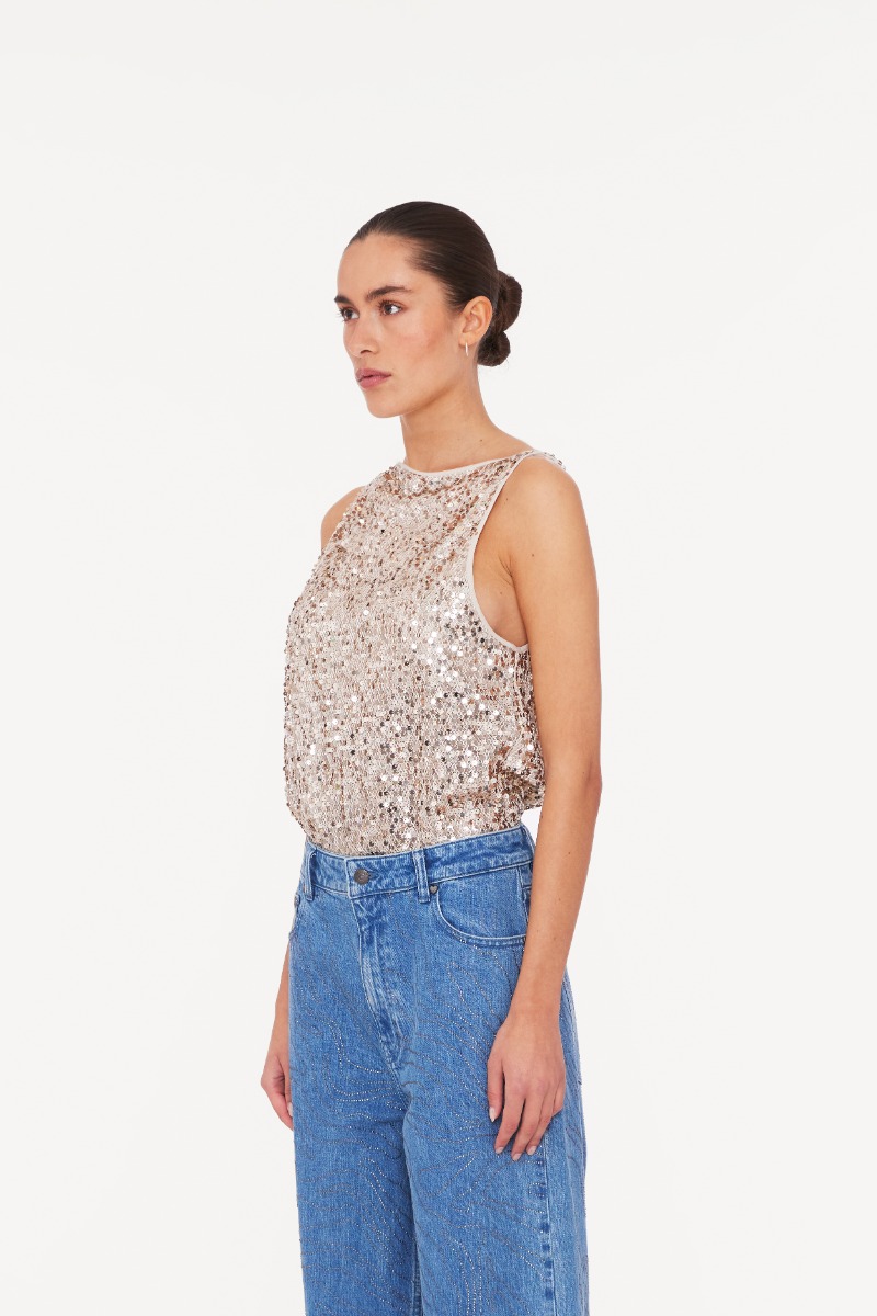 Net Sequins Boatneck Top Beige ROTATE Birger Christensen