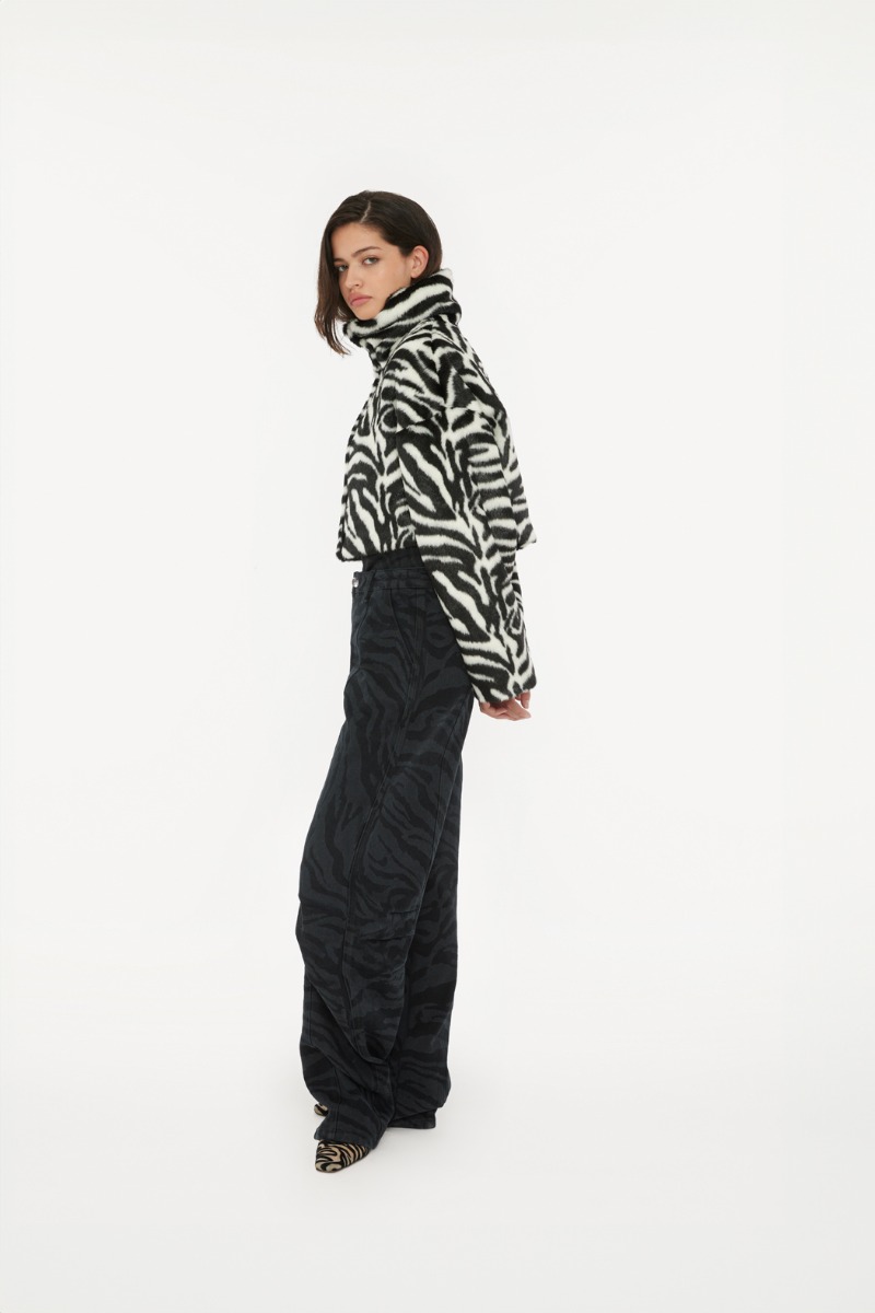 コート Rotate Birger Christensen Printed Faux Fur Coat ROTATE Birger Christensen PRINTED FAUX FUR COAT Black/White