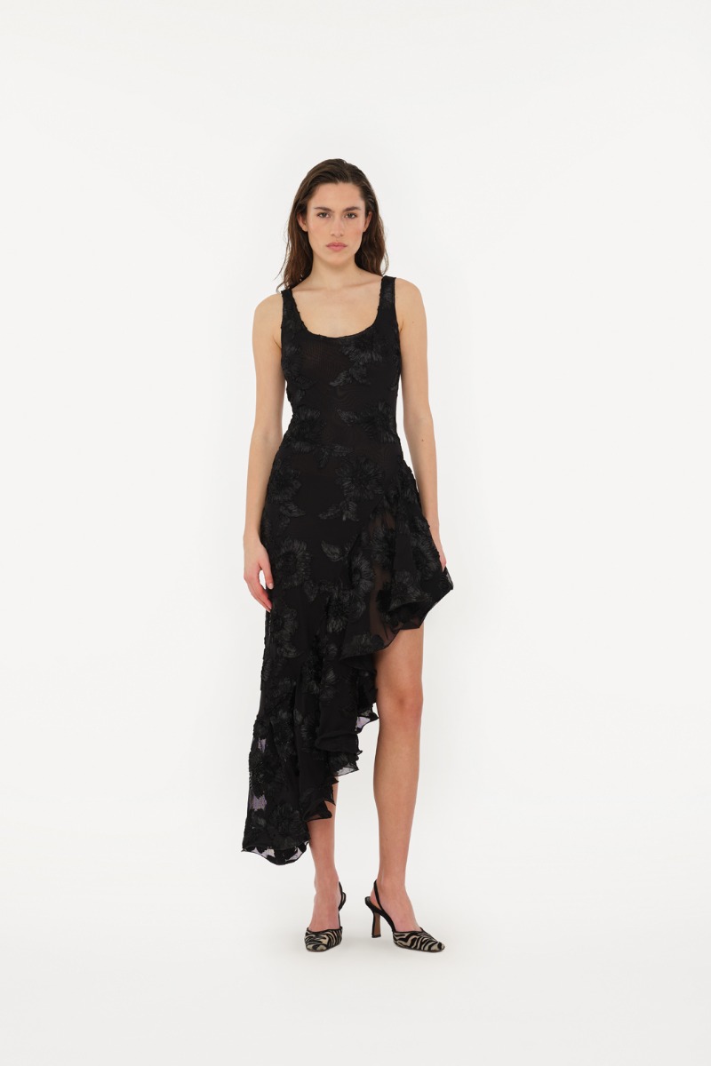 Flower Mesh Ruffle Dress Black - ROTATE Birger Christensen