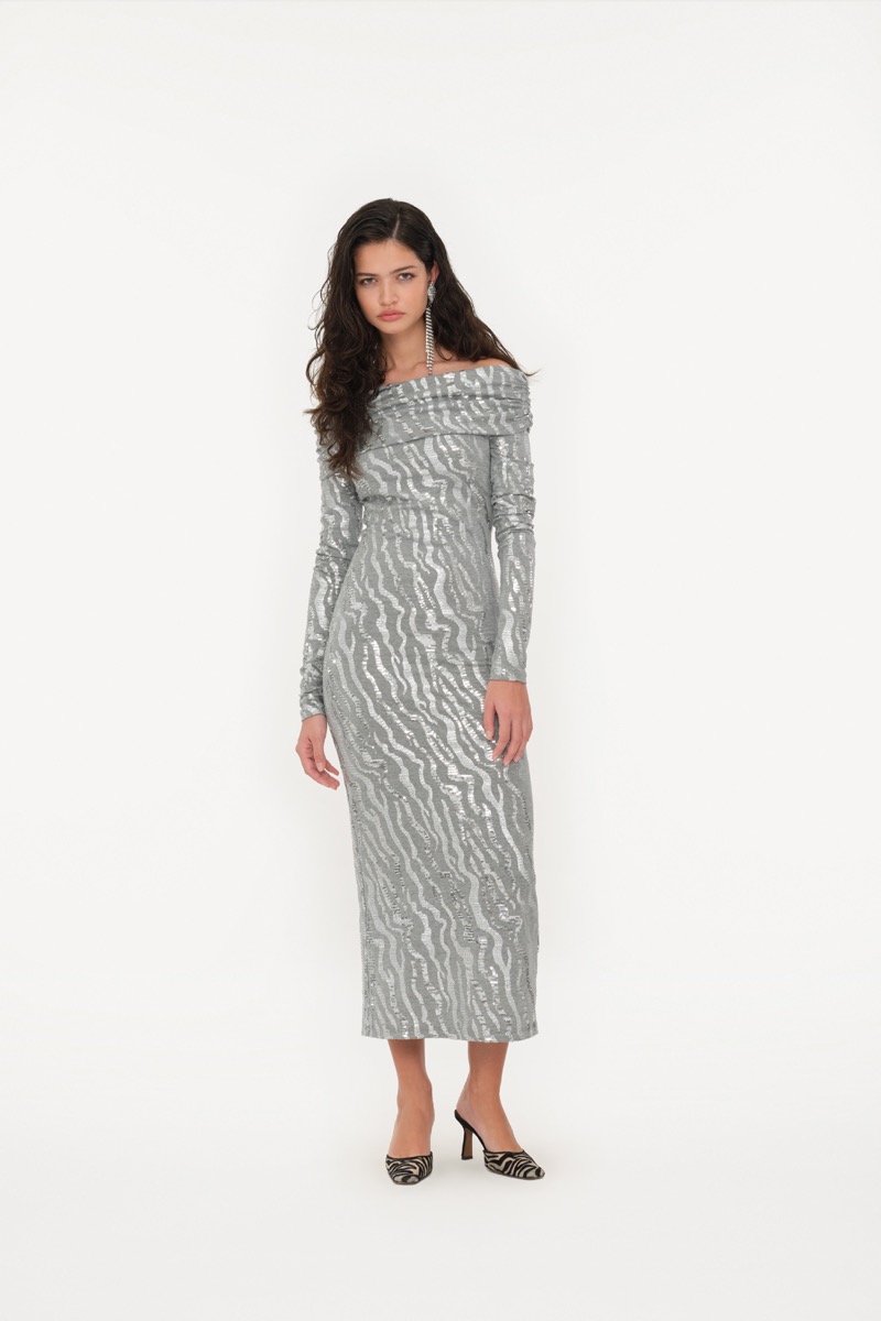 ワンピース ROTATE BIRGER CHRISTENSEN Sequin midi dress Gray Sequin Midi Dress Silver - ROTATE Birger Christensen
