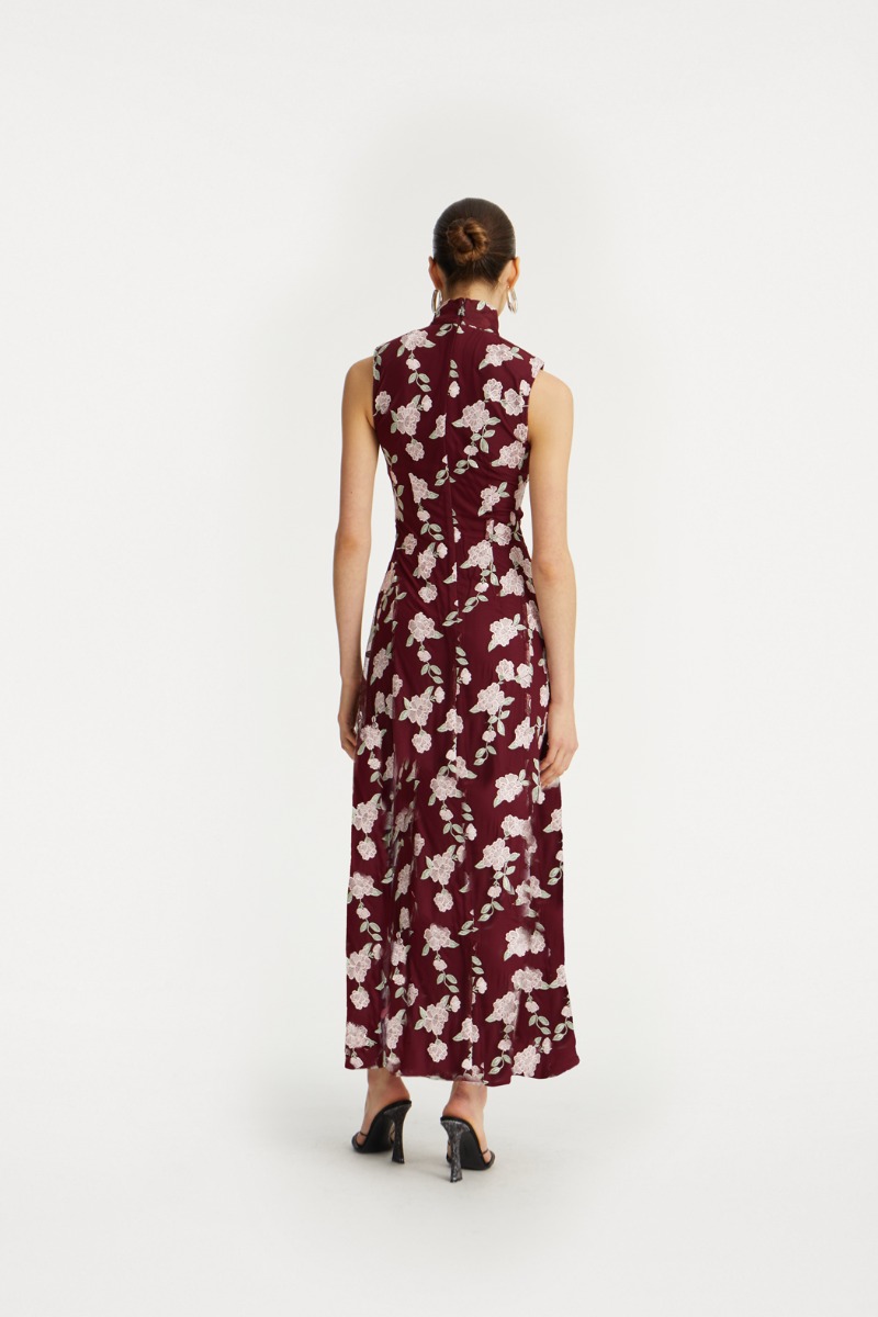 Sleeveless Maxi Dress Bordeaux Flower Print - ROTATE Birger
