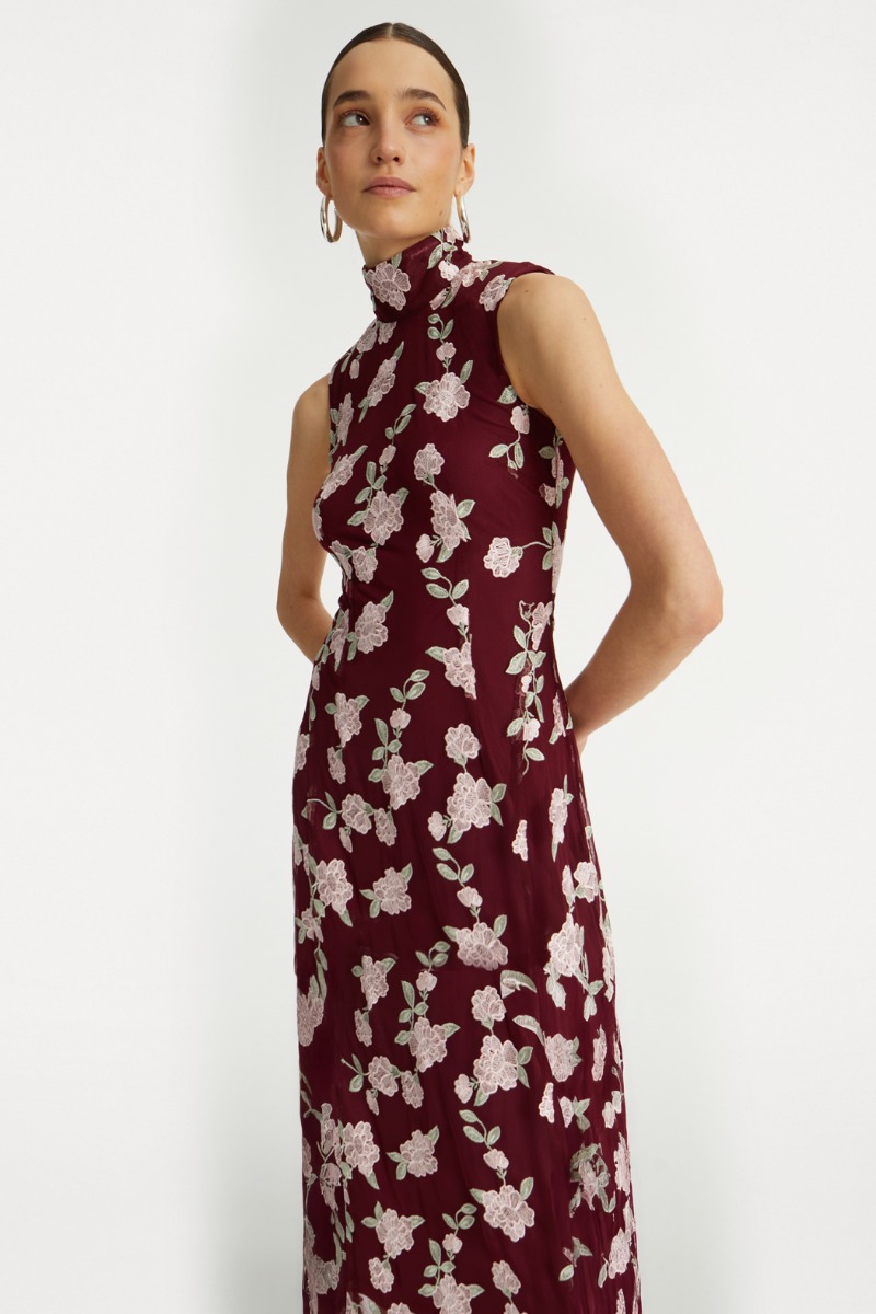 Sleeveless Maxi Dress Bordeaux Flower Print - ROTATE Birger
