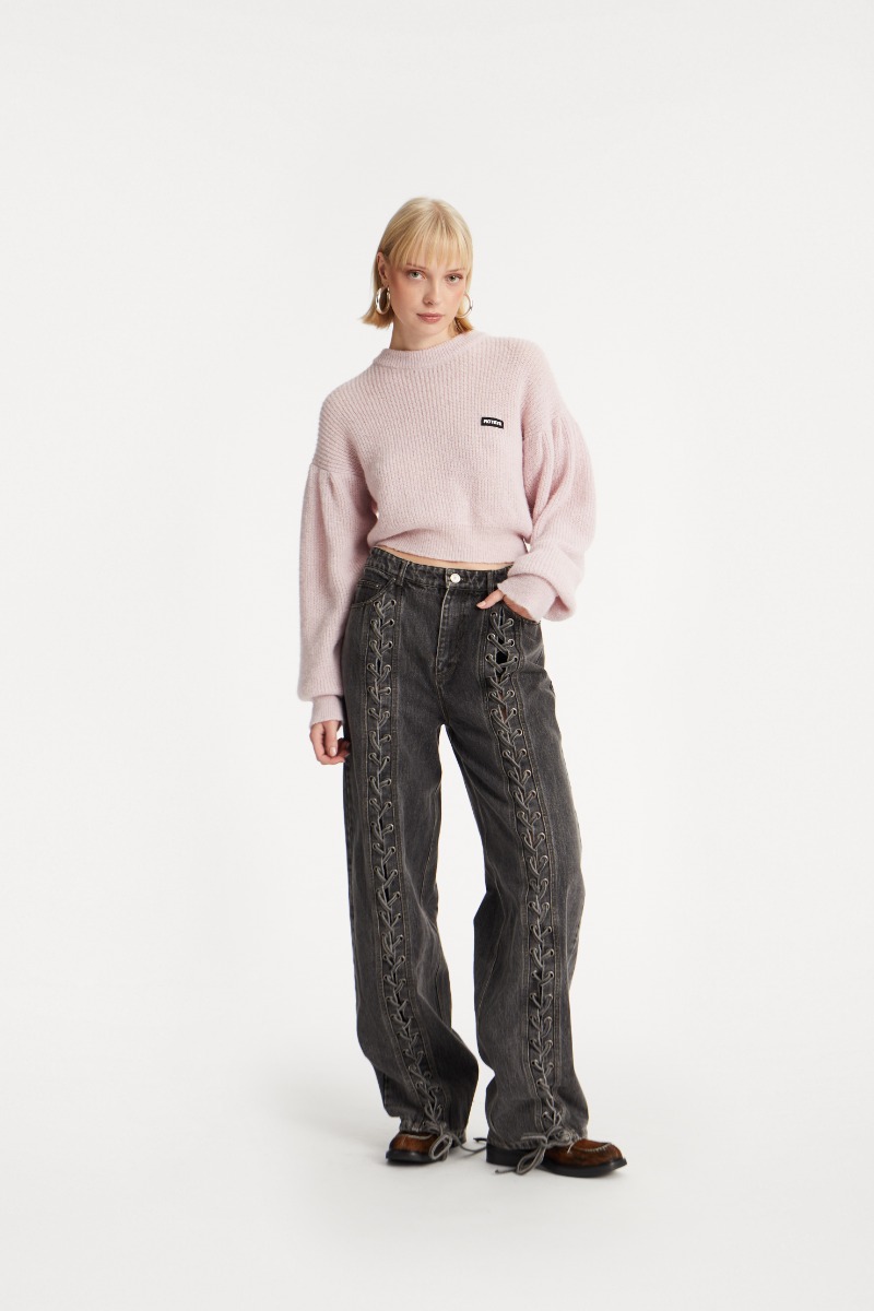 デニム・ジーパン Rotate Birger Christensen Silver Pants In Organic Denim Braided Straight Pants Silver - ROTATE Birger Christensen