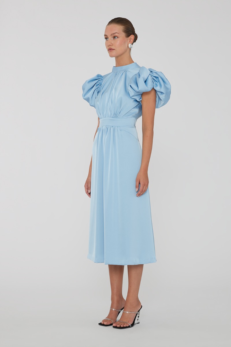 Satin Puff Midi Dress Blue