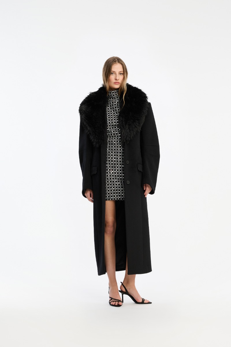 Faux Fur Collar Long Coat Black - ROTATE Birger Christensen