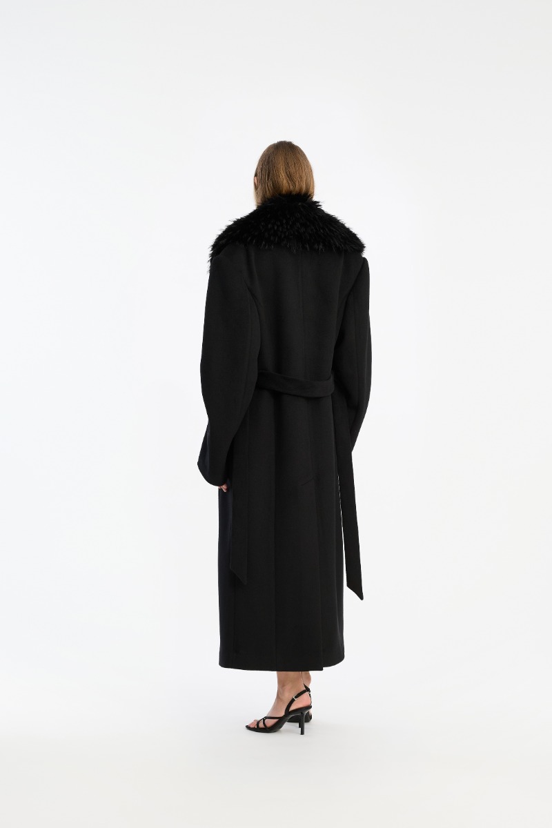 Faux Fur Collar Long Coat Black - ROTATE Birger Christensen