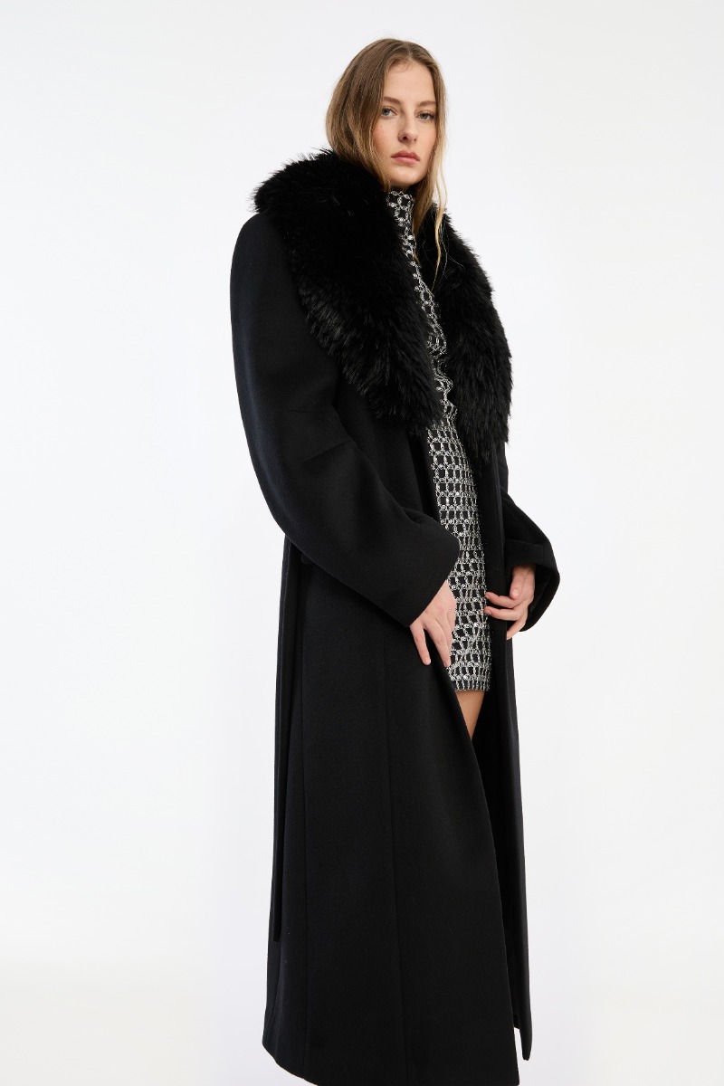 Faux Fur Collar Long Coat Black - ROTATE Birger Christensen